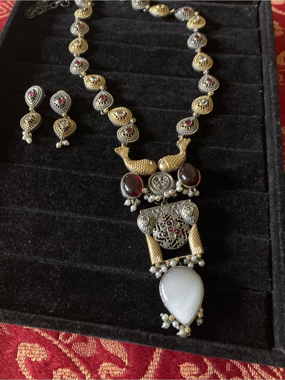 Gold & Silver Two-Tone Statement Necklace with White Pendant and Red Accents